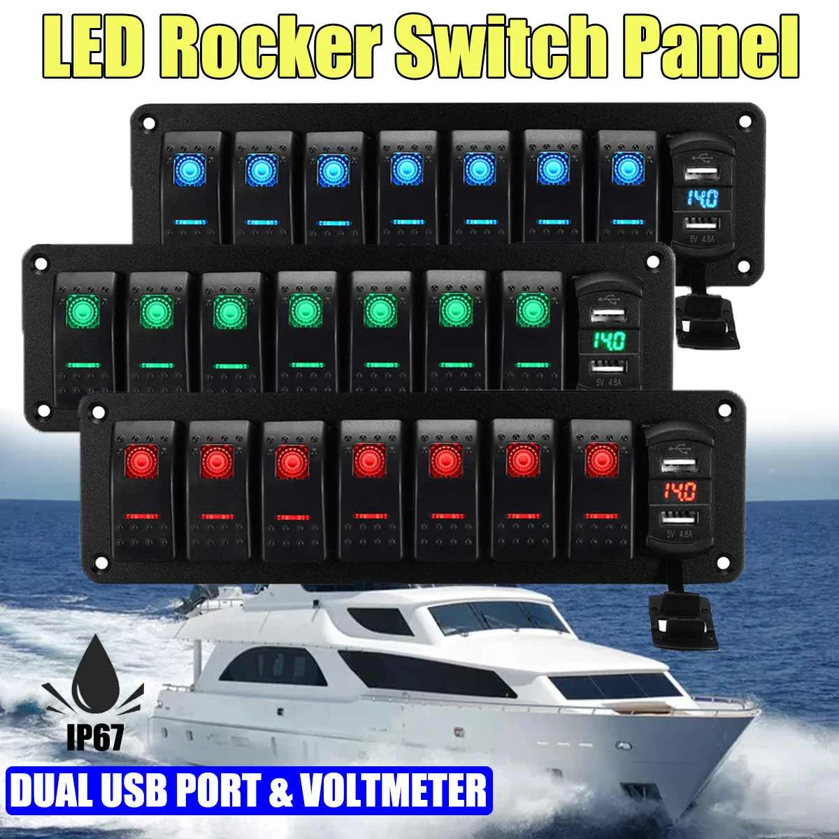 LED IP67 Waterproof Marine Boat Rocker Switch Panel 8 Gang Rocker Switch Panel Kit 12V/24V Circuit Breaker Dual USB Slots light