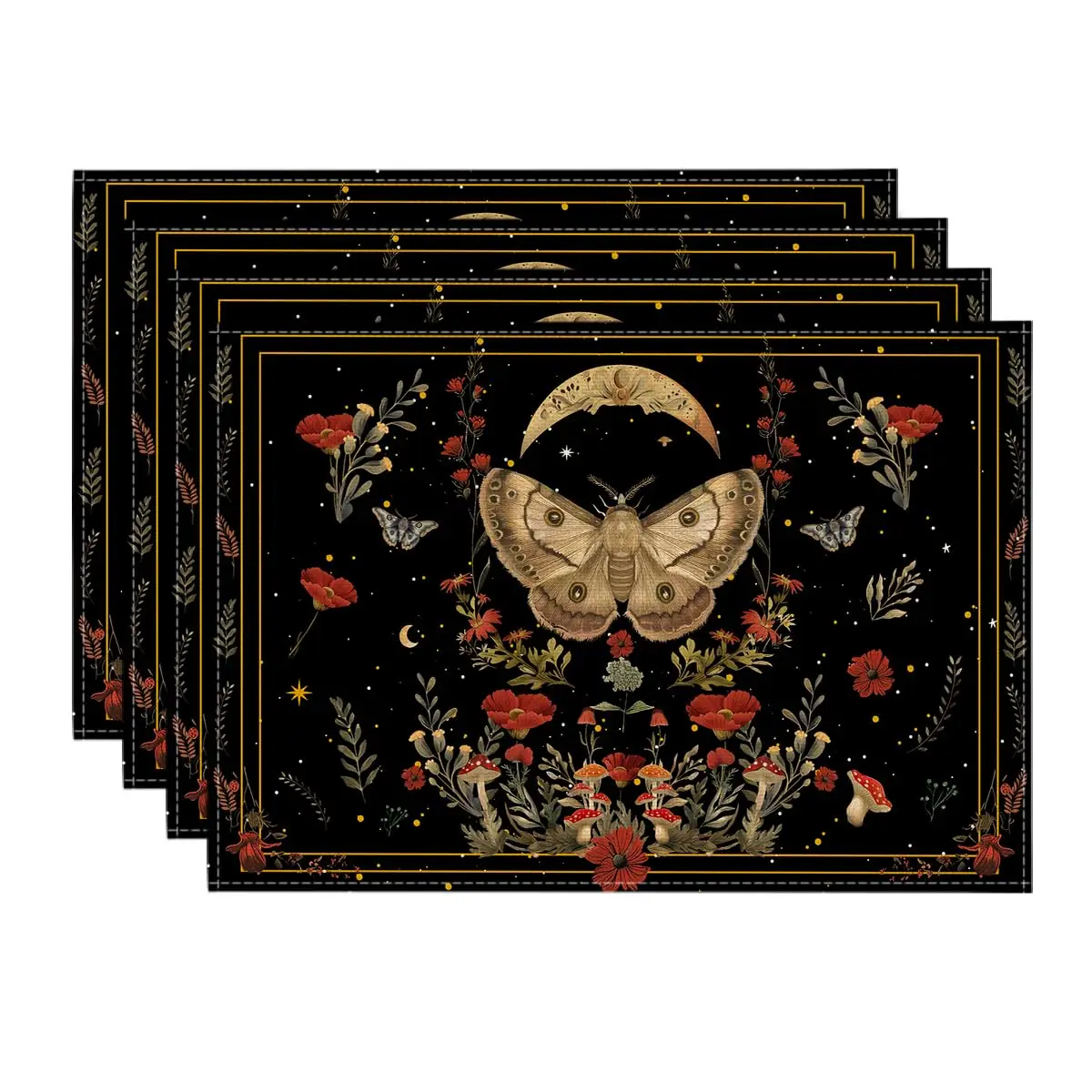 

2/4/6 Pcs Black Poppy Moth Moon Linen Placemats | 45x30cm Spring Floral | Outdoor Family Party/Kitchen/Dining Decor (Flat Print)