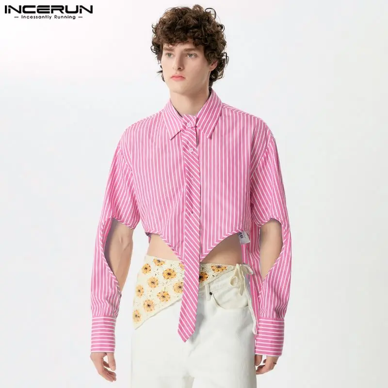 2024 Men's Striped Shirt Lapel Long Sleeve Hollow Out Streetwear Male Irregular Shirts Fashion Casual Crop Tops S-5XL INCERUN