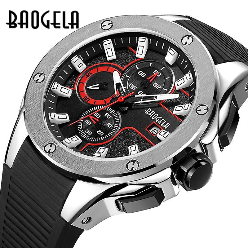 

BAOGELA Men's Sports Chronograph Quartz Watches Silicone Strap Luminous Waterproof Army Military Wristwatch Man Relogios Silver