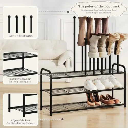 

Black 3-Tier Metal Shoe Organizer With Adjustable Feet And Boot Hooks For Tall Boots, Sneakers, Flats – Freestanding Storage