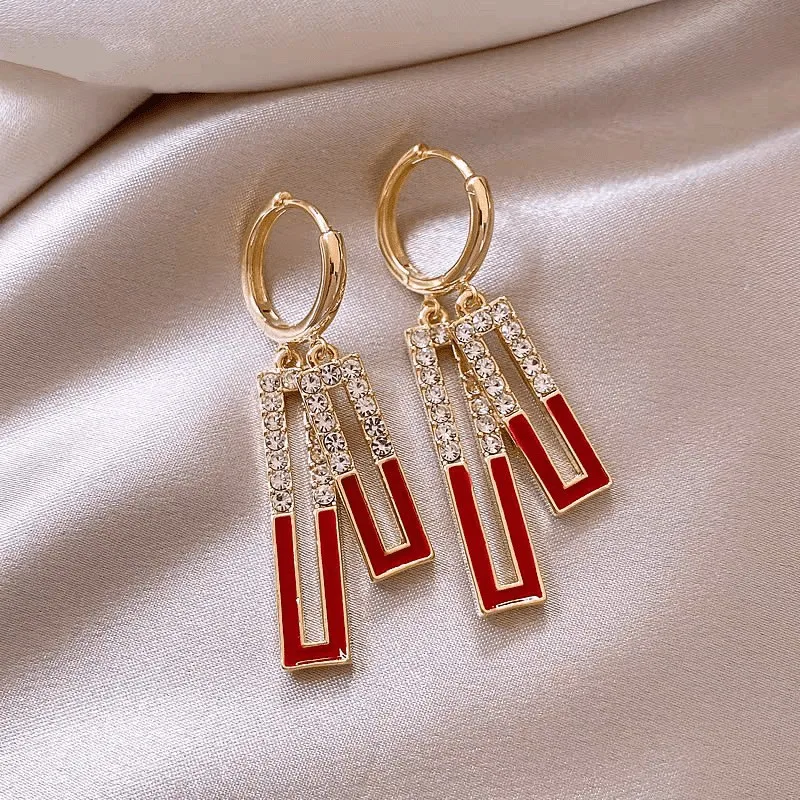 Hollow Double Layer Rectangle Dangle Earrings for Women Black Red White Enamel Oil Crystal Metal Drop Earrings Geometry Jewelry