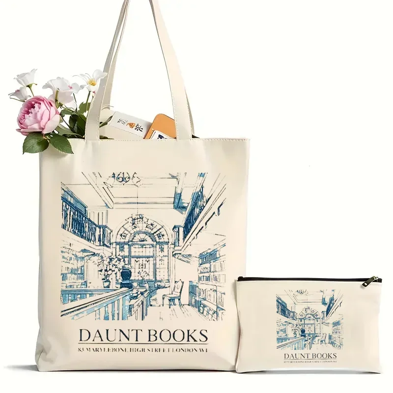 

2Pcs Canvas Shoulder Bag For Women Independent Bookshop London Print Aesthetic Book Pattern Grocery Bag Shopping Bag