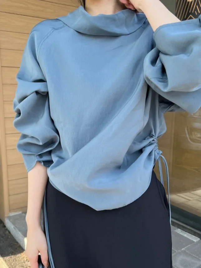

Chic Early Spring Design Long Sleeve Shirt Women's New Loose Simple Elegance Top Drawstring Belt Korean Style Polyester Fiber