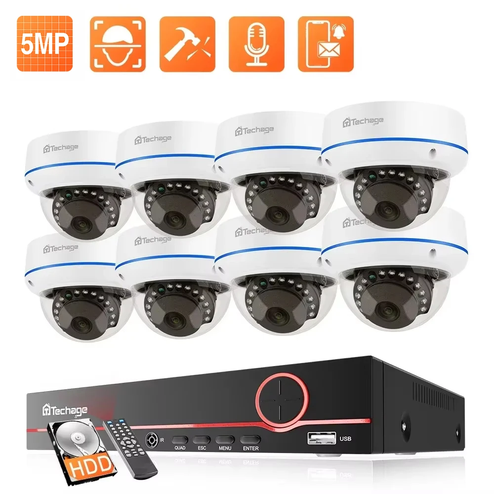 Techage H.265 8CH 5MP Set di videosorveglianza a cupola per interni Registrazione audio PoE NVR Kit Sistema CCTV Telecamera IP di sicurezza antivandalo