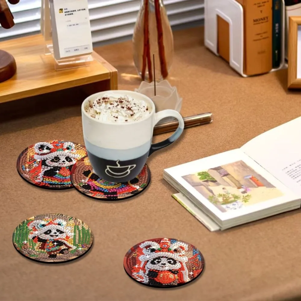 8PCS/6PCS With Stand DIY Painting Coasters Entry-level Handmade Round Art Coasters Cute Panda Simple Diamond Coaster Kit