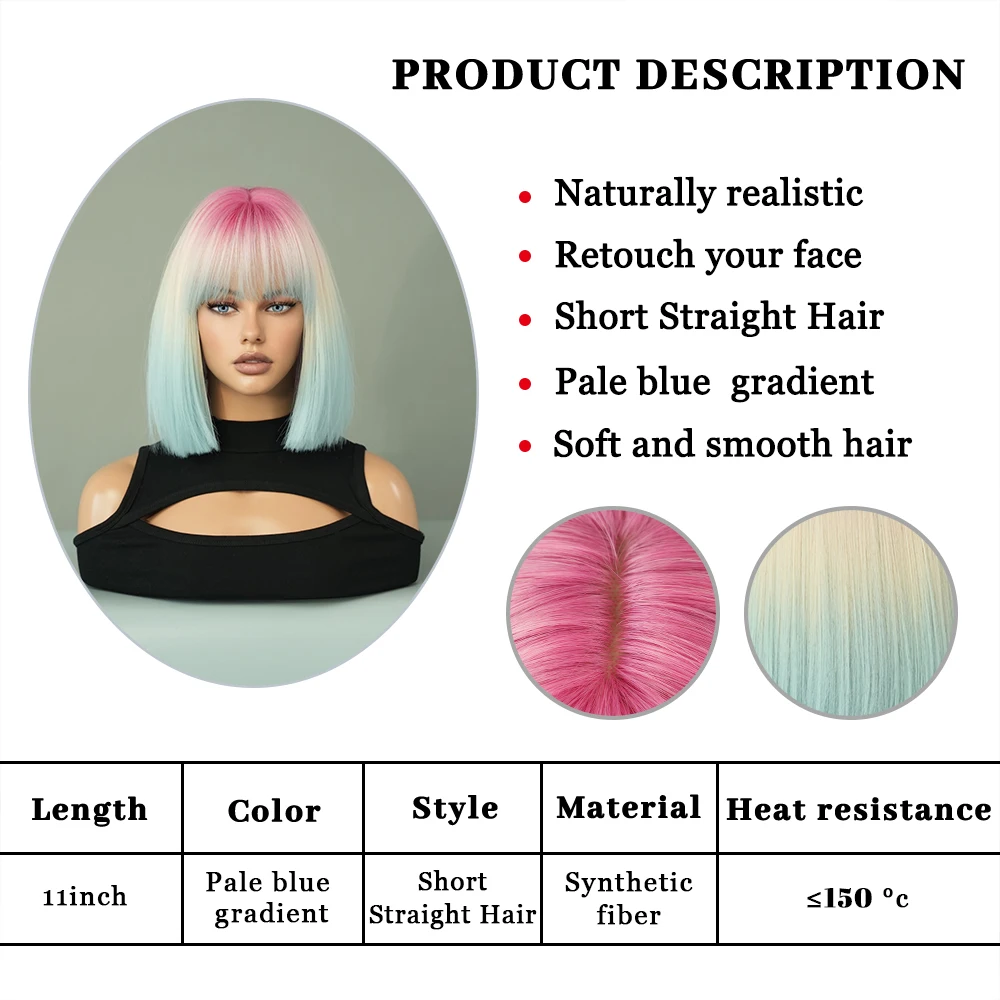 PARK YUN Short Straight Pink Gradient Blue Wigs With Bangs Natural Synthetic Hair Wig for Women Daily Cosplay Lolita Party Wig