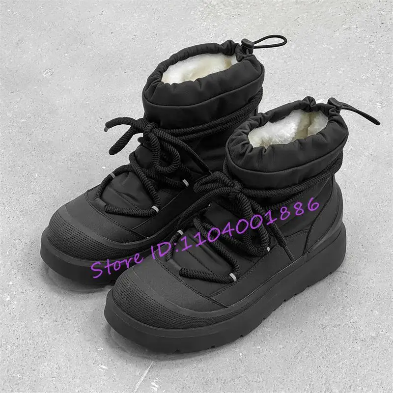 

Winter New Thick Soled Snow Boots Women's Warm Fur Cross Strap Ankle Boots Black Round Toe Leather Lace-Up Outdoor Casual Shoes