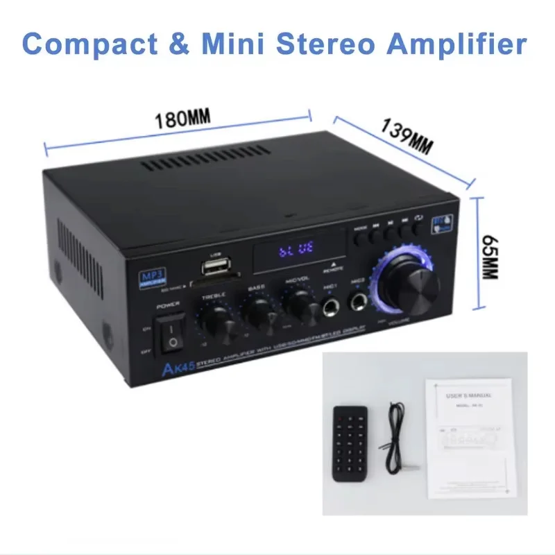New AK45 12V 90V-240V Bluetooth Amplifier USB HiFi Stereo Digital Car Audio with Remote Control USB FM Car Home Theater System