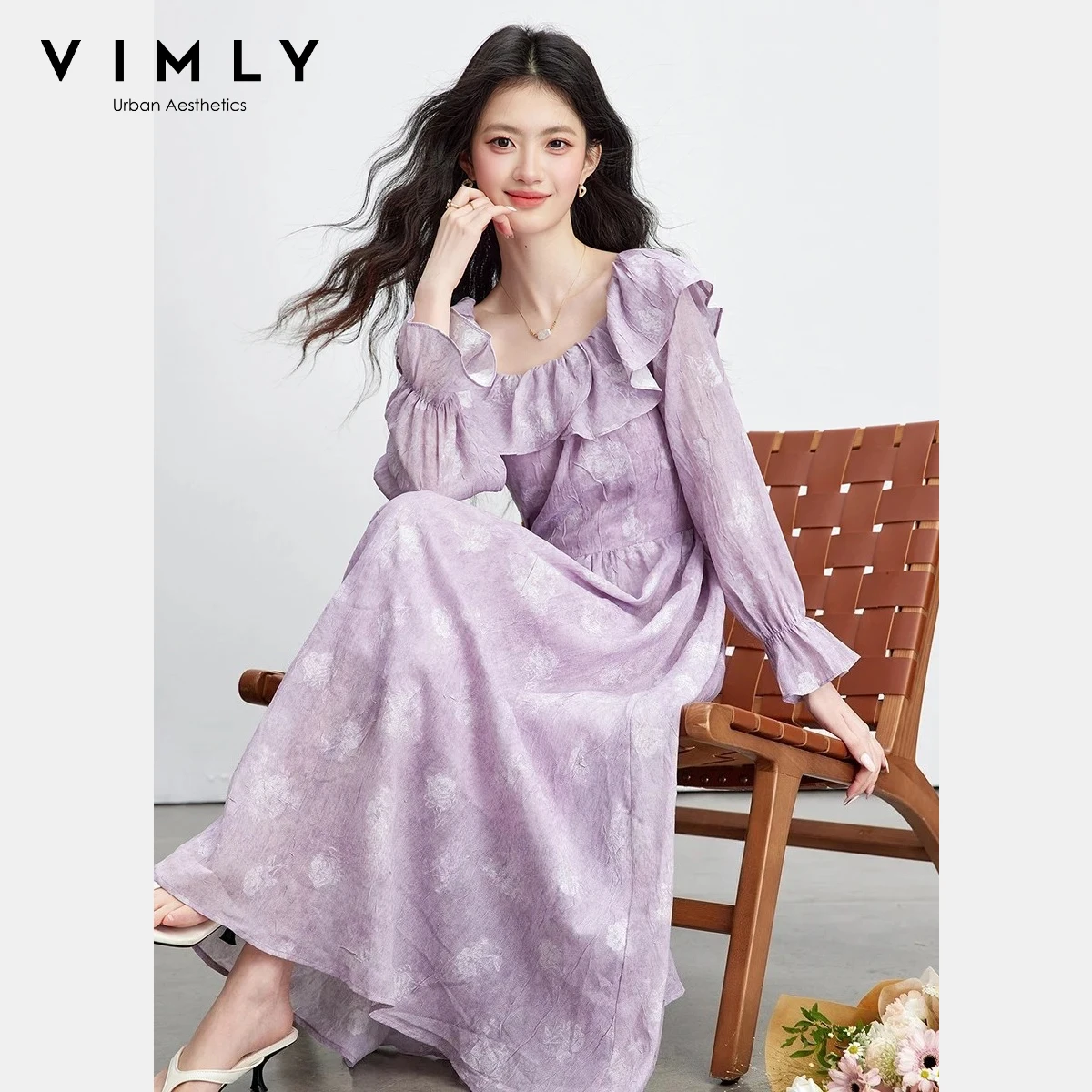 

VIMLY Elegant Floral Chiffon Dress Woman 2026 Spring New Casual Purple Ruffle Neck Commute Daily A-Line Long Sleeve Dress A5189