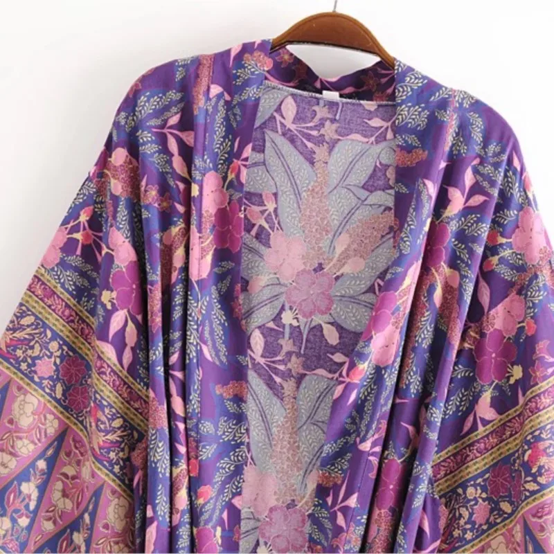 Bohemia V neck Celosia Flower Print Long Kimono Shirt Purple Ethnic Women Lacing up Bow Sashes Long Cardigan Loose Blouse Tops