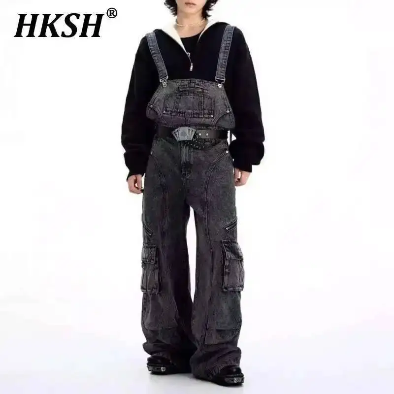 HKSH Men Tide Niche Functional Denim Pants Vintage Stylish Shoulder Strap Design Jeans Patchwork Casual Trendy Overalls HK4042