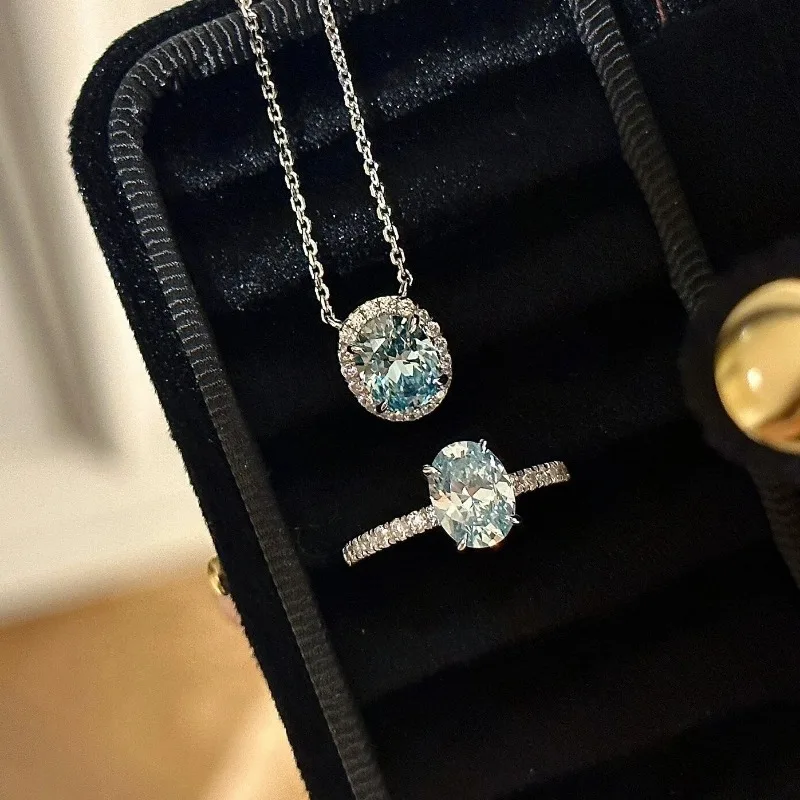 

Shining U S925 Silver Oval Aquamarine Jewelry Set Necklace Ring for Women Fine Jewelry Engagement