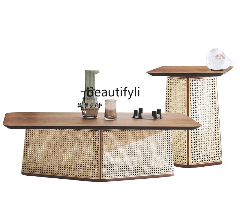 03 Japanese retro rattan solid wood coffee table combination living room home set few designer creative low table