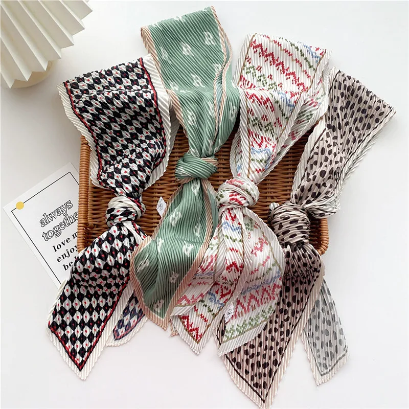 Pleated Ribbon Scarf Solid Print Crumpled Scarf Long Bandelet Headscarf Headband Women Hair Bands Scrunchies Bag Hat Decoration