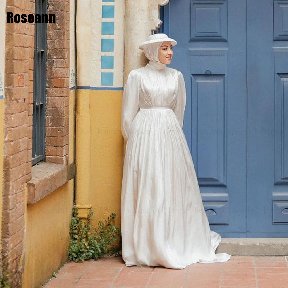 

Muslim Fashion 2024 A-line Wedding Dresses Ruffle Draped Pleat High Collar Brush Train Bride Gown Floor Length robe de mariée