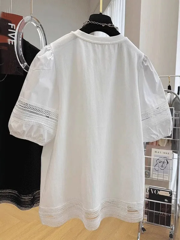 Wysokiej klasy japoński T-shirt z czystej bawełny, koronkowy patchwork, bufiaste rękawy, duży rozmiar, do pracy, okrągły dekolt.