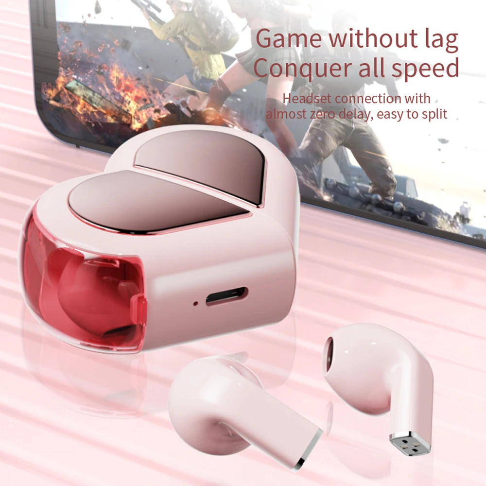 سماعات بلوتوث وردية قابلة للتدوير إبداعية لطيفة الحب TWS 5.3 سماعات رأس لاسلكية على شكل قلب مع ميكروفون هدية للفتيات