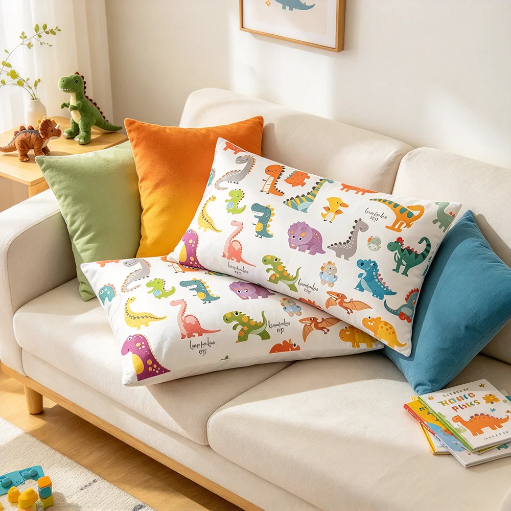 Dinosaur Alphabet Kids Print Rectangle Pillow Covers, Home Decor, Sofa Couch, Bedroom Living Room, Polyester, Machine Washable