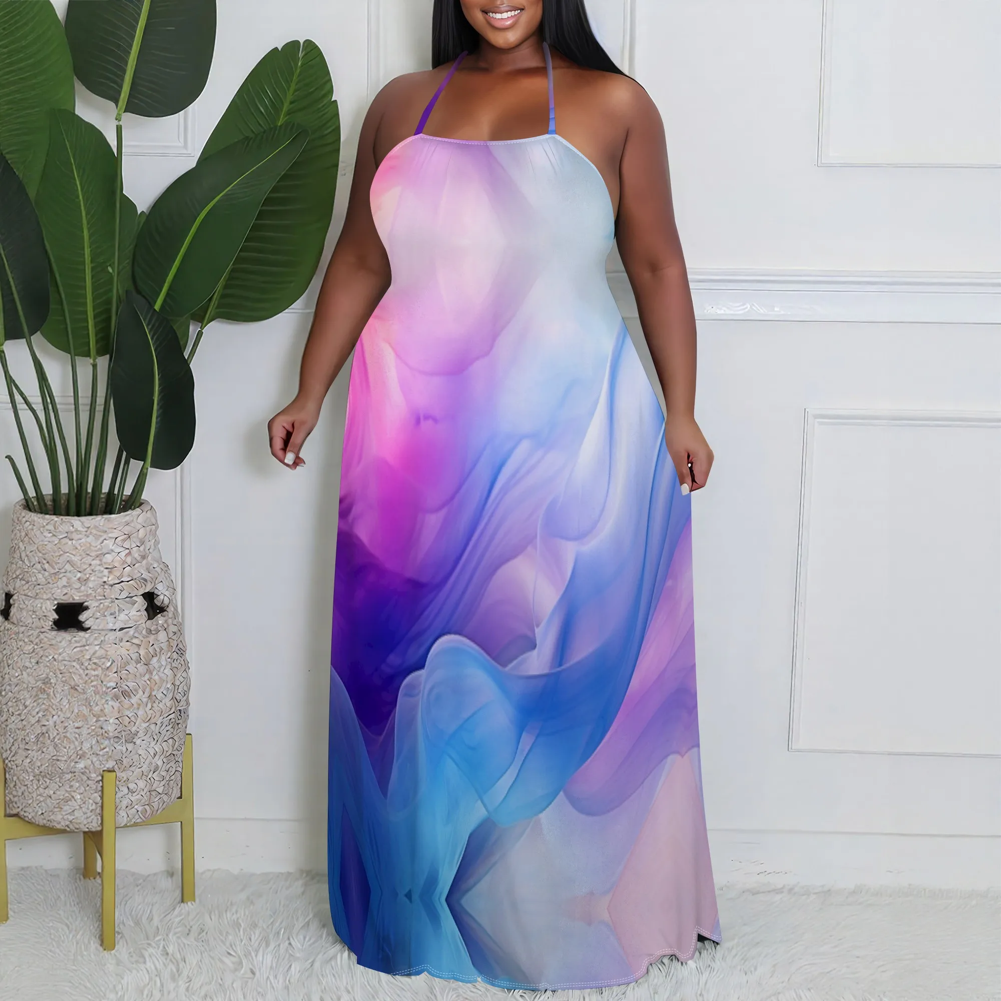 

Vibrant Halter Neck Maxi Dress with Colorful Swirl Print - Ideal for Summer Parties & Beach Days | XL-6XL