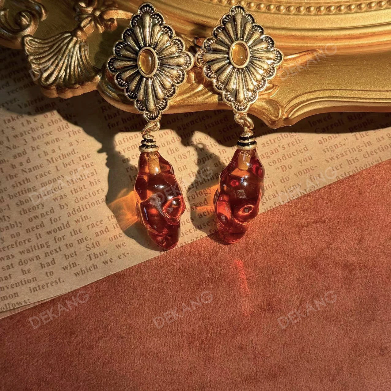 Copper Gold-Plated Glass Medium And Long Beeswax Stud Earrings