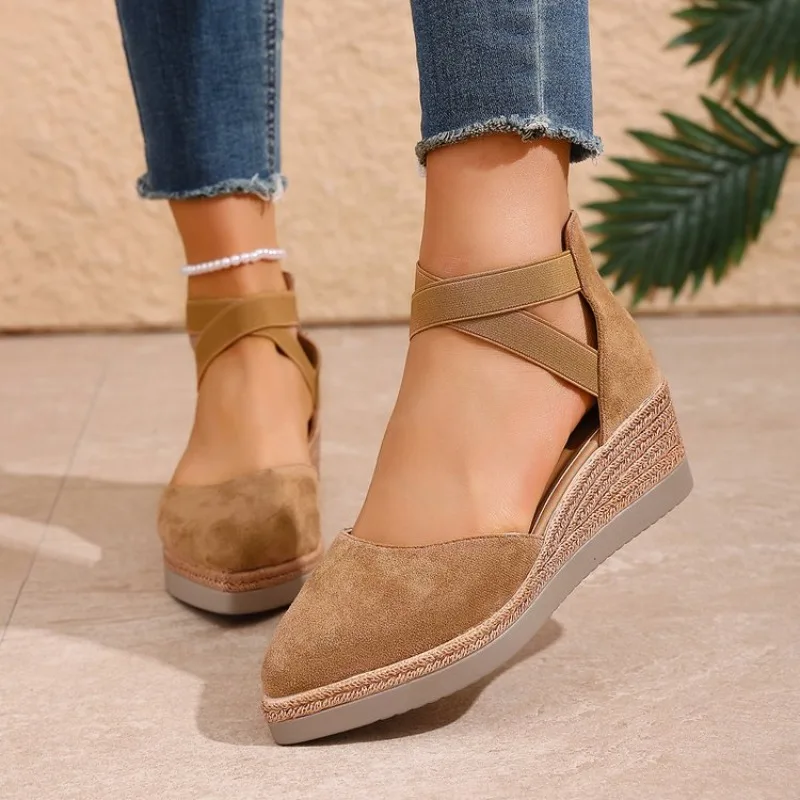 Women's Wedges Espadrille Sandals Closed Toe Elastic Cross Strap Platform Mid Heel Suede Look Casual Daily Outdoor Walking Shoes