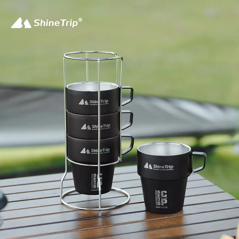 ShineTrip Outdoor 304 Stainless Steel Double Layer Mug 4 Pcs Food Grade Plastic Sprayed Catering Mug Portable Set Coffee Mugs