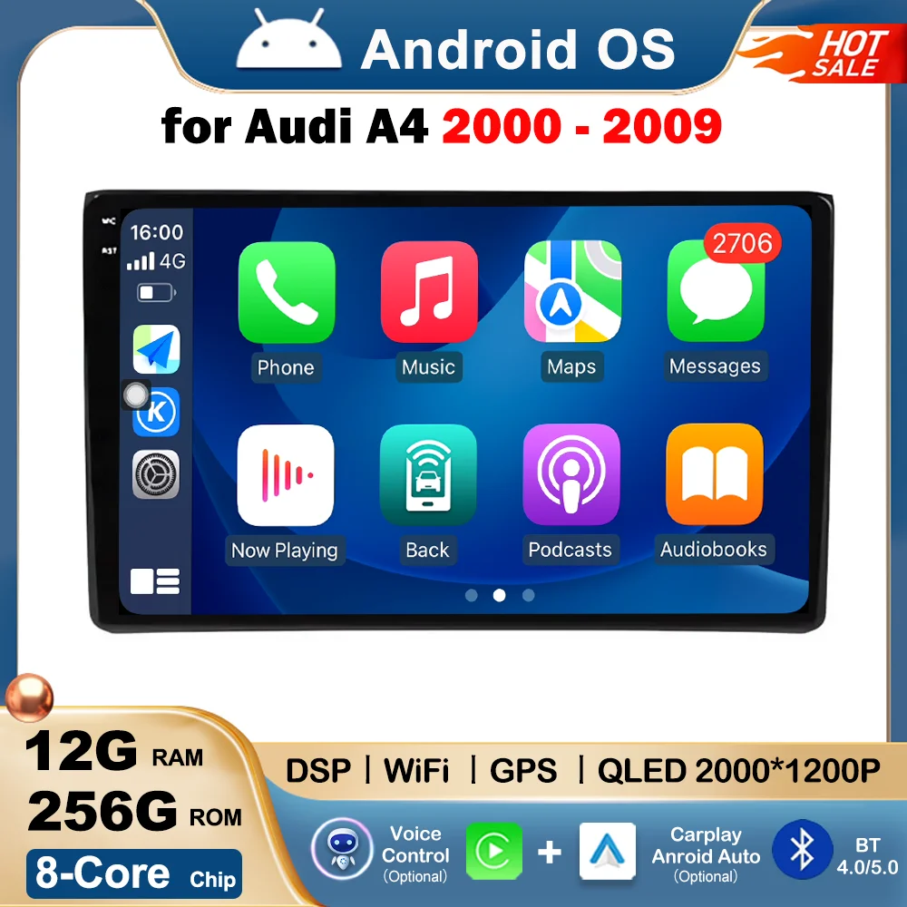 

Car Mulltmedia Audio Player GPS Navigation for Audi A4 2000 - 2009 Wireless Carplay Android Auto 2.5D IPS HD Touch Screen WiFi