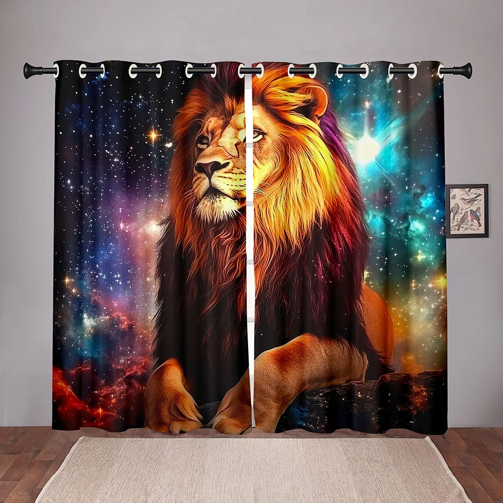 2 Piece Dream Lion Curtain Mighty Lion Dazzling Starry Sky Suitable for Living Room Bedroom Children's Room Window Decoration