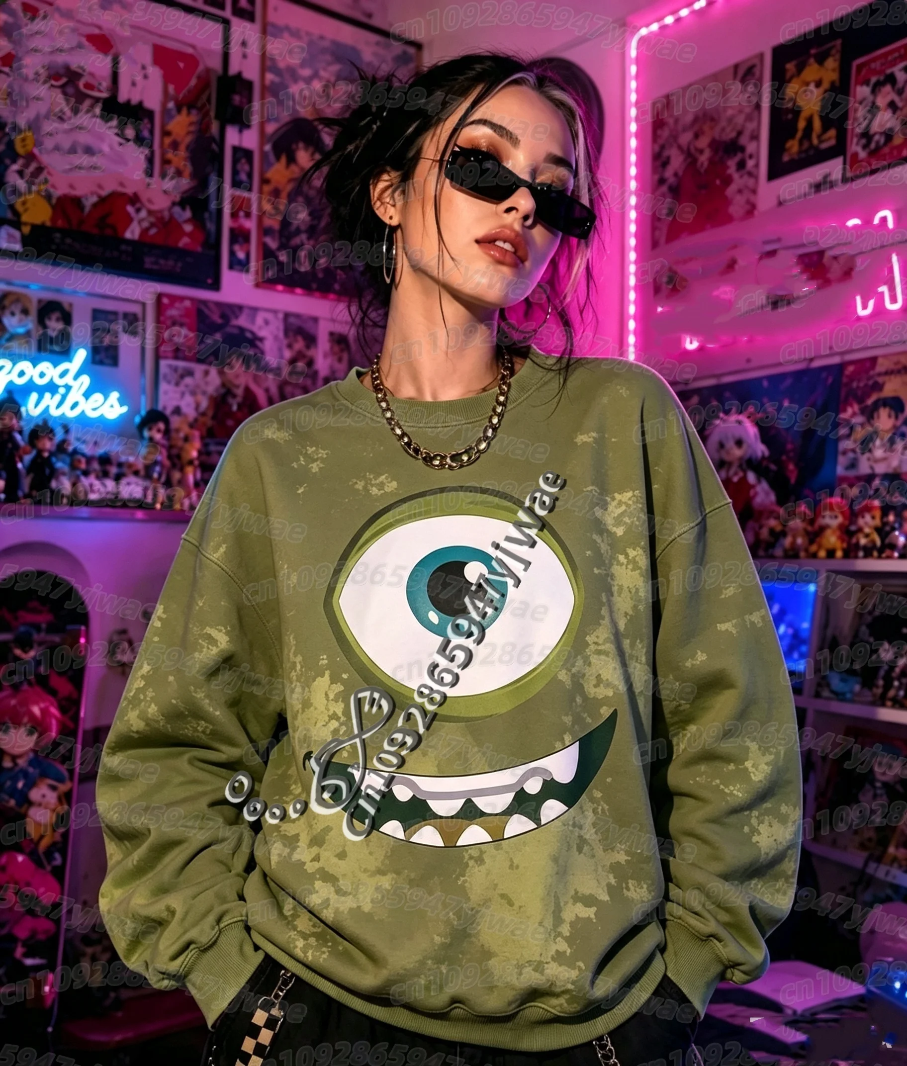 26 Herbst-Winter Damen Lustiger Großaugen-Monster-Print Langarm Unisex Cartoon-Sweatshirt O-Ausschnitt Pullover Damen Hoodies – Detail 10