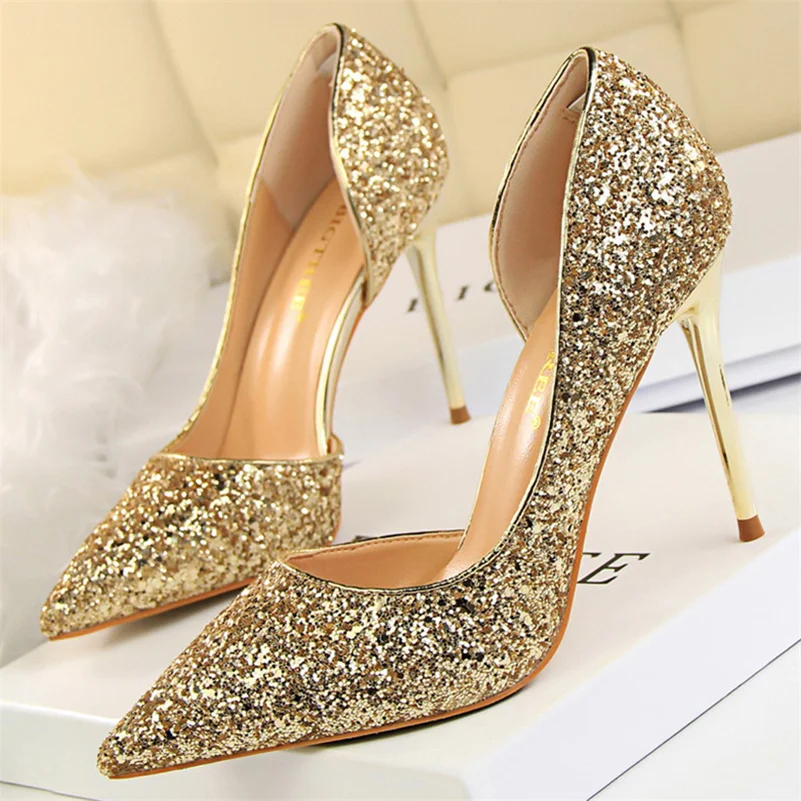 Plus Size 34-43 Women 9.5cm High Heels Stripper Gold Silver Bling Scarpins Pumps Lady Stiletto Wedding Bridal Party Fetish Shoes