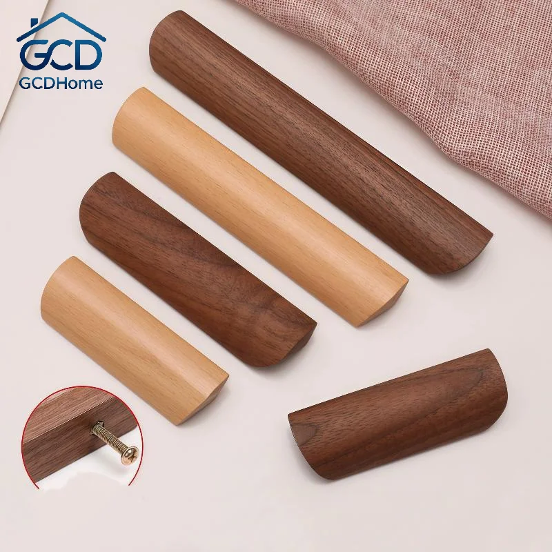 Nordic Solid Walnut Furniture Pulls Smooth Edge Drawer Knobs with Screws for Kitchen Cabinet Wardrobe Dresser Use