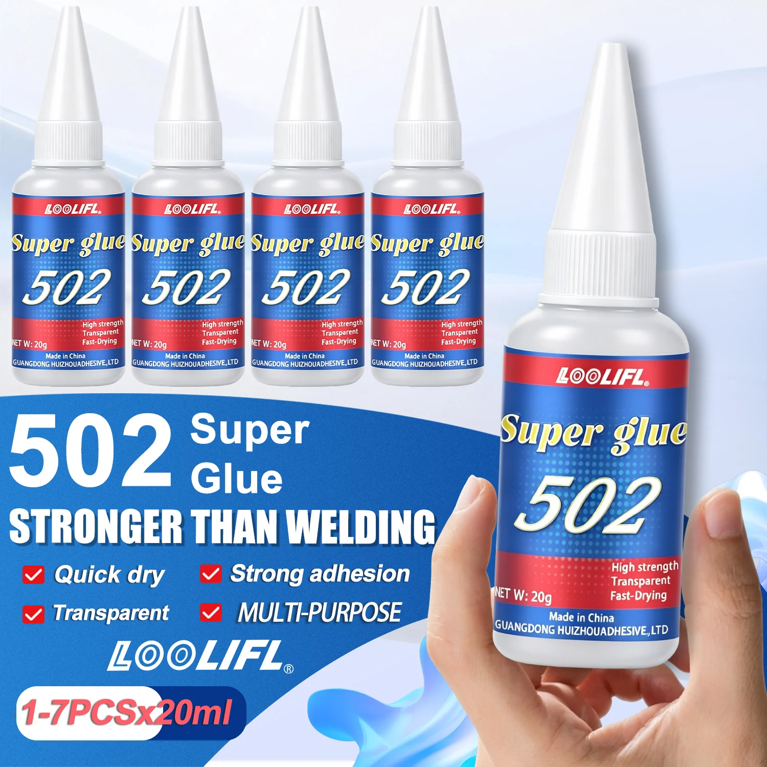 

LOOLIFL 1-7pcs 502 Super Glue Instant Quick-drying Cyanoacrylate Adhesive Leather Rubber Wood Metal Strong Bond Liquid Glue Tool