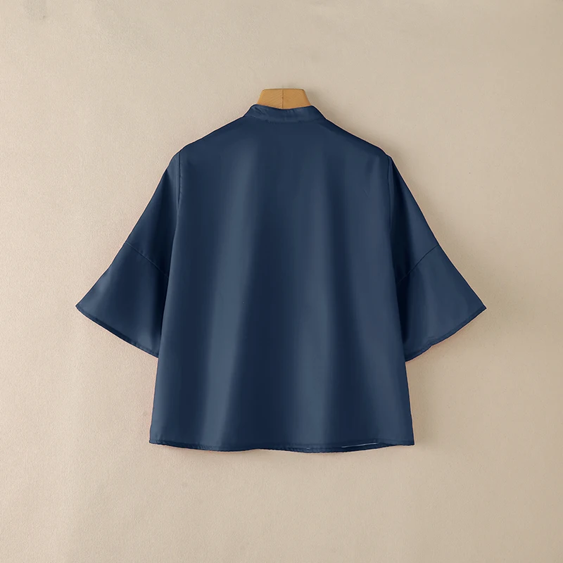 ZANZEA Chinesischer Stil Vintage Damenbluse, elegantes Arbeitshemd mit Stehkragen und 3/4-Ärmeln, bedruckte Oberteile mit Knöpfen, Blusas – Detail 10
