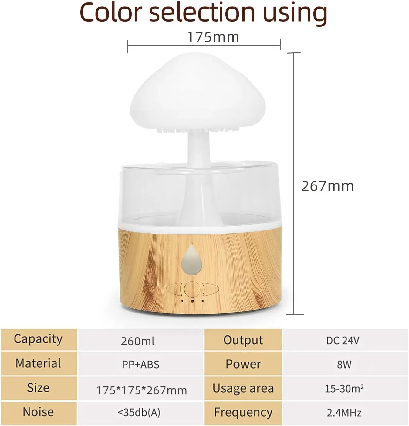 Umidificador de nuvem de chuva com gotejamento de água e sons de chuva para dormir, lâmpada cascata de cogumelo, umidificador de mesa de madeira