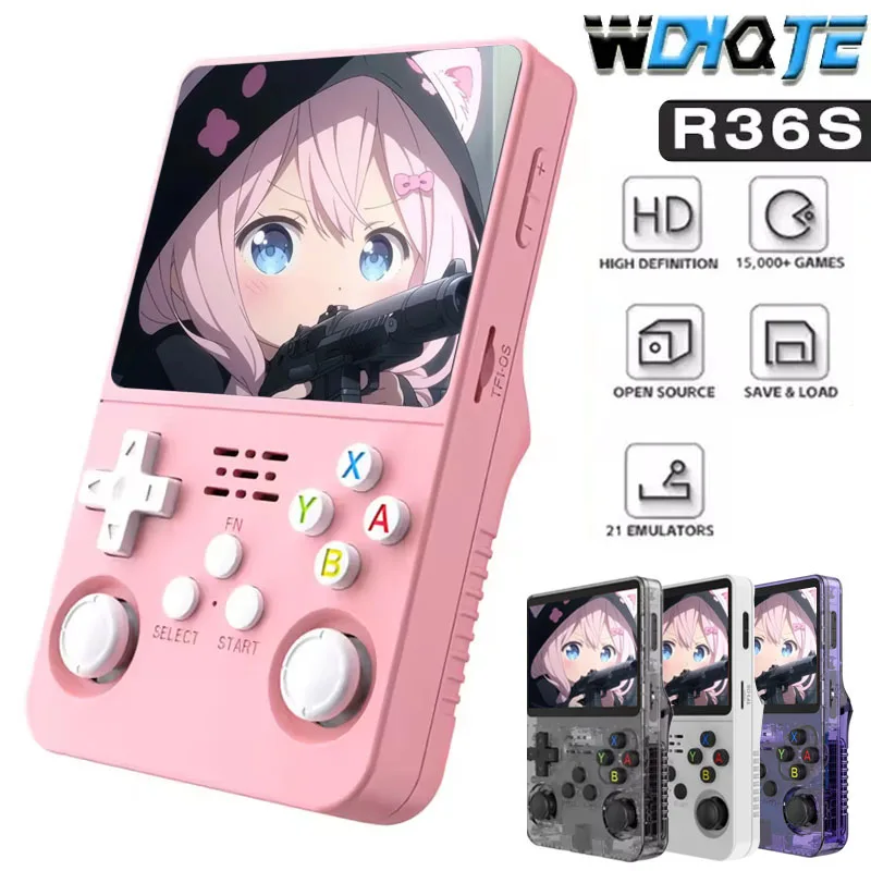 

WDYQJE Game Console R36S Handheld Video Player Children gift 3.5'' IPS screen 64GB 15000 Games 128G Portable Pocket Game Console