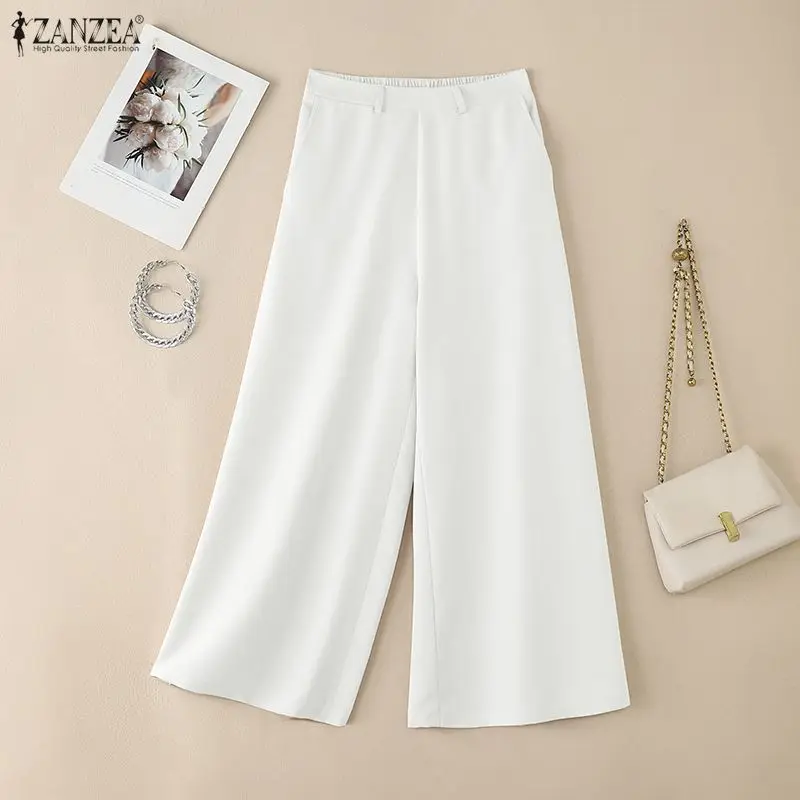 ミニマリスト白ワイドレッグパンツ女性カジュアルデイリー弾性ウエスト無地ルーズパンツ夏パラッツォ ZANZEA 女性服