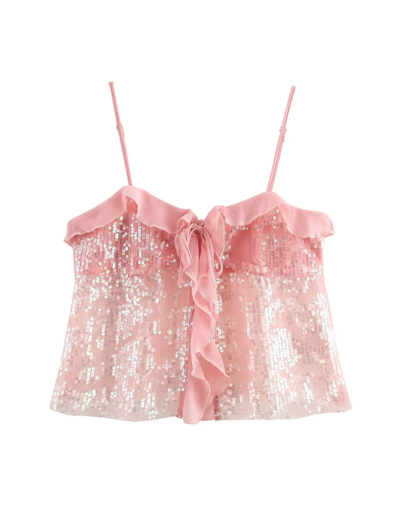 Modny damski crop top z cekinami, błyszczące ramiączka, długość ort, kolor, styl dojazdowy, kolekcja wiosenna