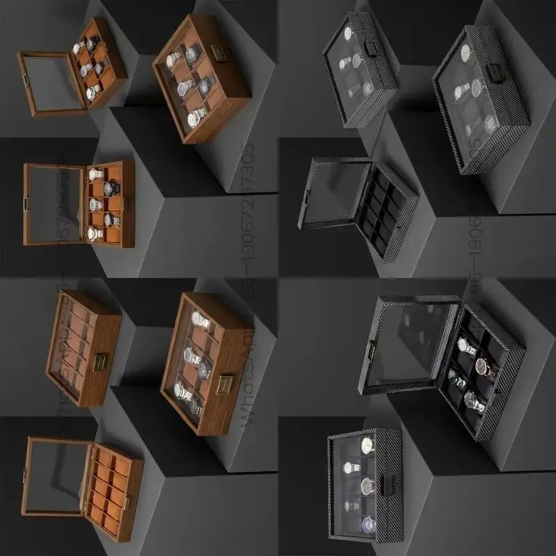 Boîte de rangement et de présentation pour montres en bois grainé carbone, 10 emplacements, 20230