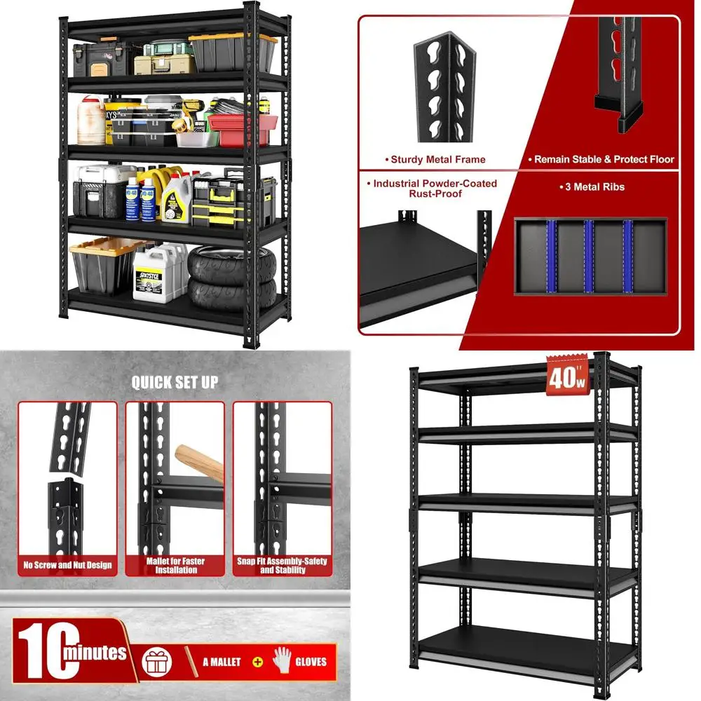 

40 Wide 5-Shelf Heavy-Duty Garage Storage Rack, 2200 lbs Capacity, Industrial Metal Shelving, 40x18x72