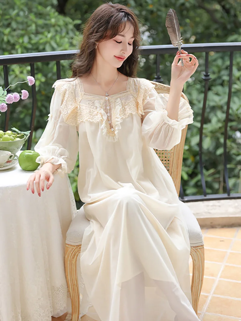 French Retro Princess Pajamas Nightdress for Women Spring Autumn Long Sleeve Mesh Modal Fairy Victorian Nightgowns Sleepwear