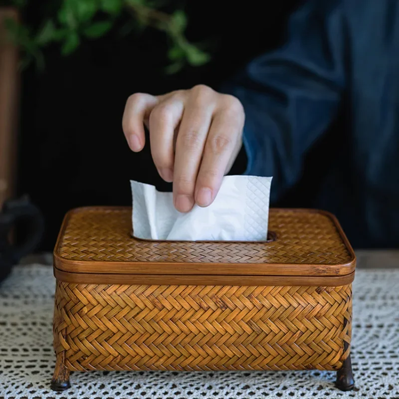 

Vintage Chinese Bamboo Woven Napkin Box, Handheld Rectangular Style, Perfect for Countryside, Living Room Decor