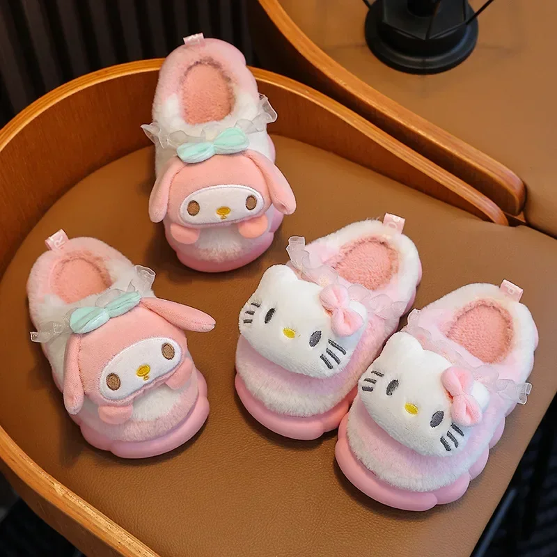 2024 New Cute Hello Kitty Children\'s Plush Slippers Soft Non-slip Winter Warm Baby Sanrio Girls Kids Indoor Home Cotton Shoes