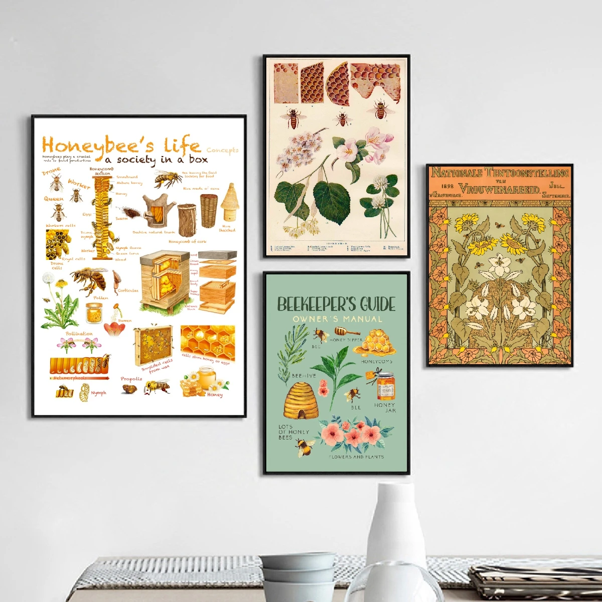 Honeybees Life illustration Poster Vintage Art Print Bees Wall Art Canvas Painting Beekeepers Gifts Wall Picture Home Room Decor