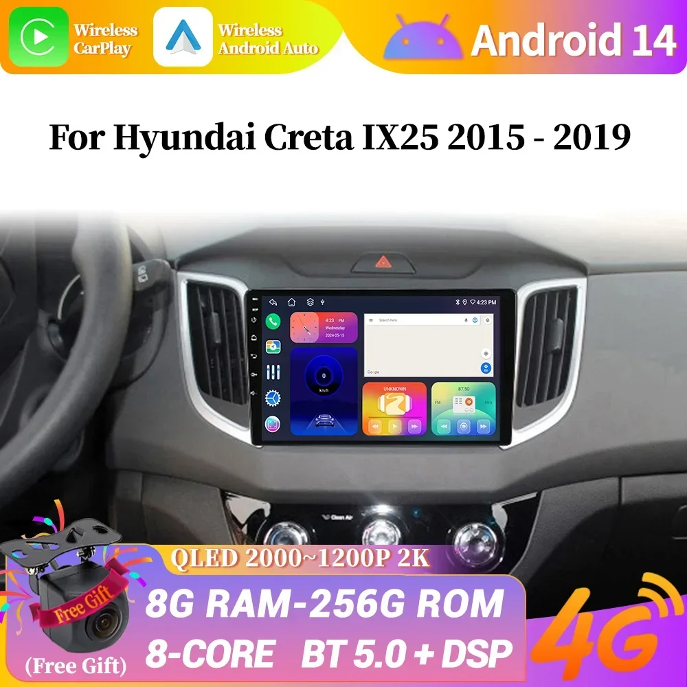 Android 14 para hyundai creta ix25 2015-2019 navegação de rádio do carro gps wifi multimídia sem fio carplay tela estéreo 4g