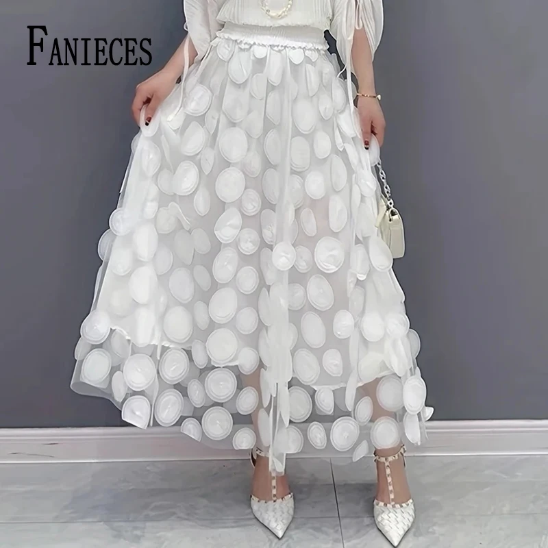 FANIECES Tulle Long Skirts For Women Elastic High Waist A Line Midi Skirt Fashion Sequin Mesh Faldas Party Evening Wear 스커트 юбка