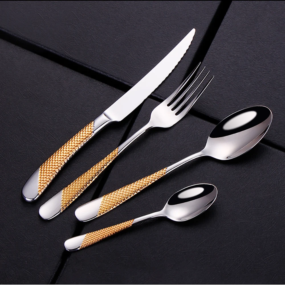 6 Pieces Stainless Steel Cutlery Set Western Gold Tableware Silver Knife Fork Spoon Dishwasher Safe Luxury Kitchen Utensils