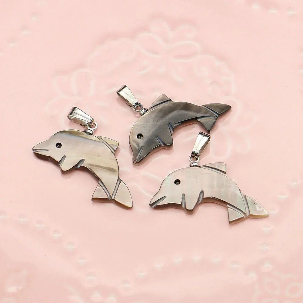 Exquisite Creative Natural Black Shell Polished Dolphin-Shaped Single Hole Loose Pendant DIY Jewelry Accessories Necklace Making