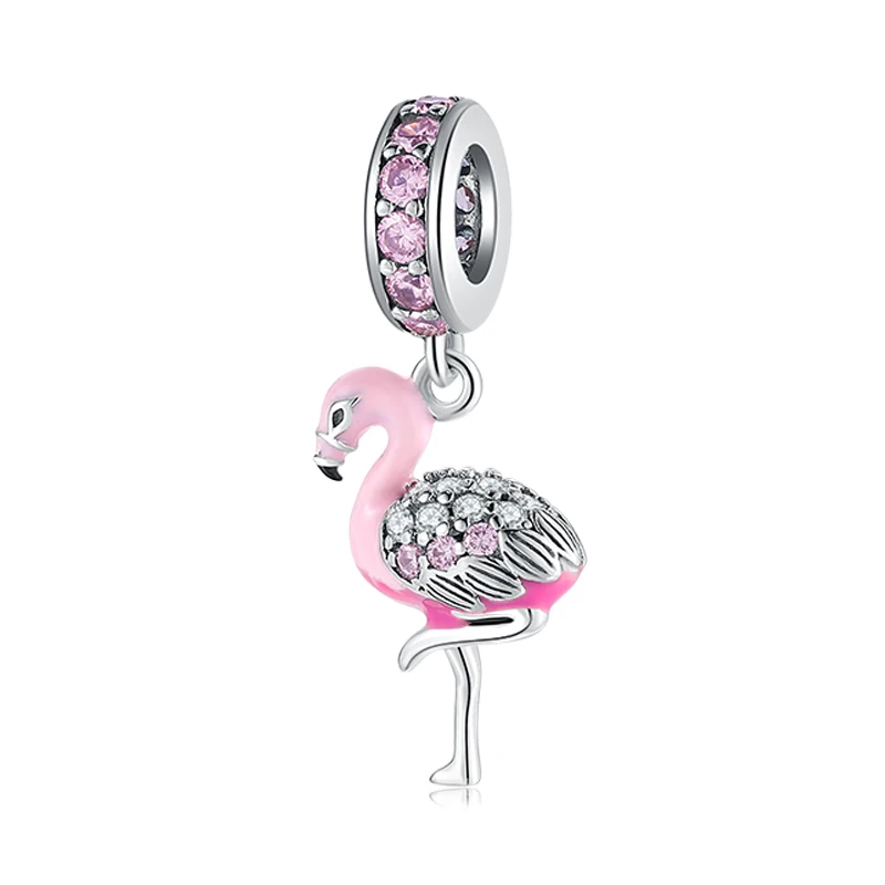 Hot 925 Sterling Silver Pink Sparkling CZ Flamingo Charms bead For jewelry making Pendants Fit Original Charm European Bracelets