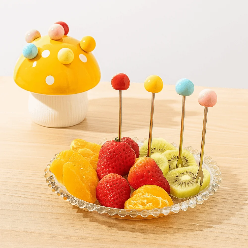 

Creative Mushroom Fruit Fork Anti-scald Decorative Dessert Salad Fork Portable Rustproof Cute Toothpick with Holder